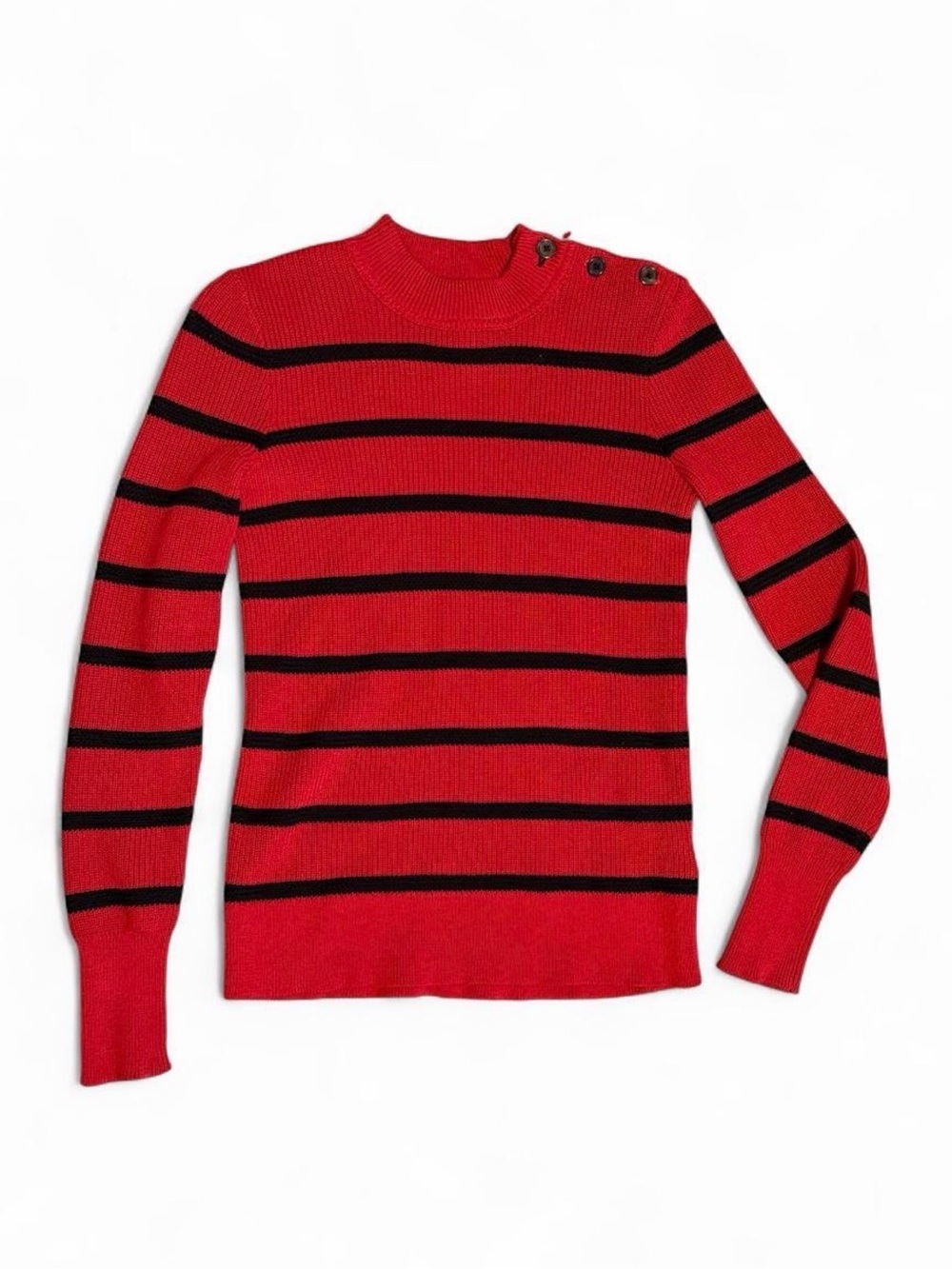 Ralph Lauren Red Crewneck Sweater with Black Stripes & Shoulder Buttons petiteXS